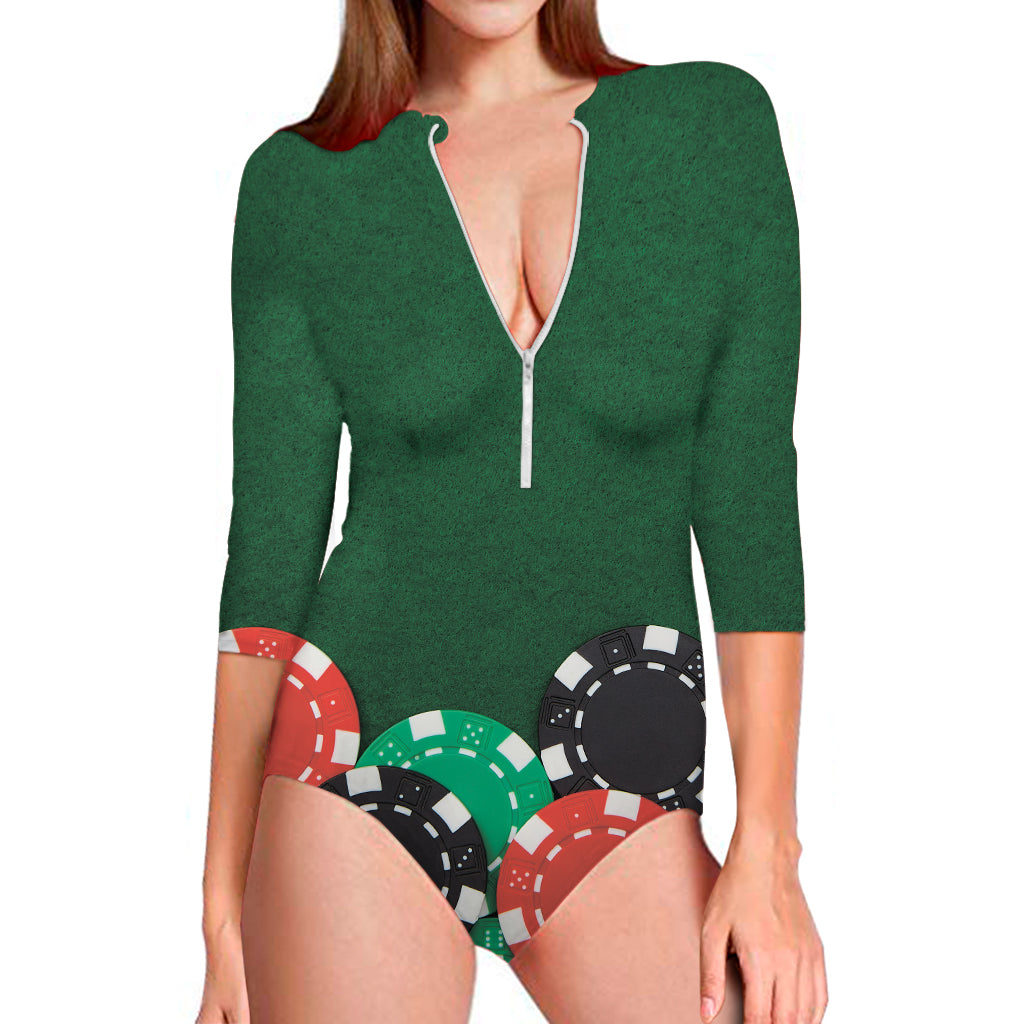 Casino Poker Chips Print Long Sleeve One Piece Swimsuit