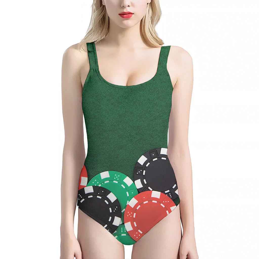 Casino Poker Chips Print One Piece Halter Neck Swimsuit