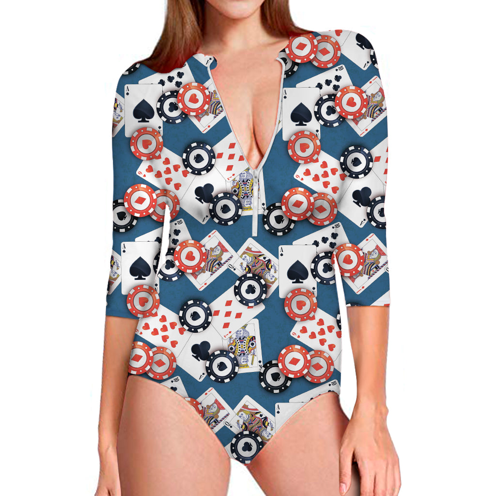 Casino Poker Pattern Print Long Sleeve One Piece Swimsuit