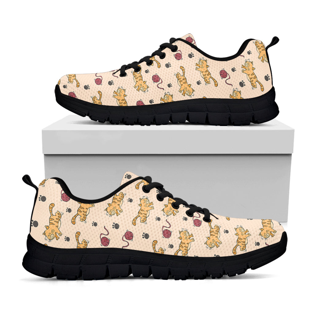 Cat And Yarn Ball Pattern Print Black Sneakers