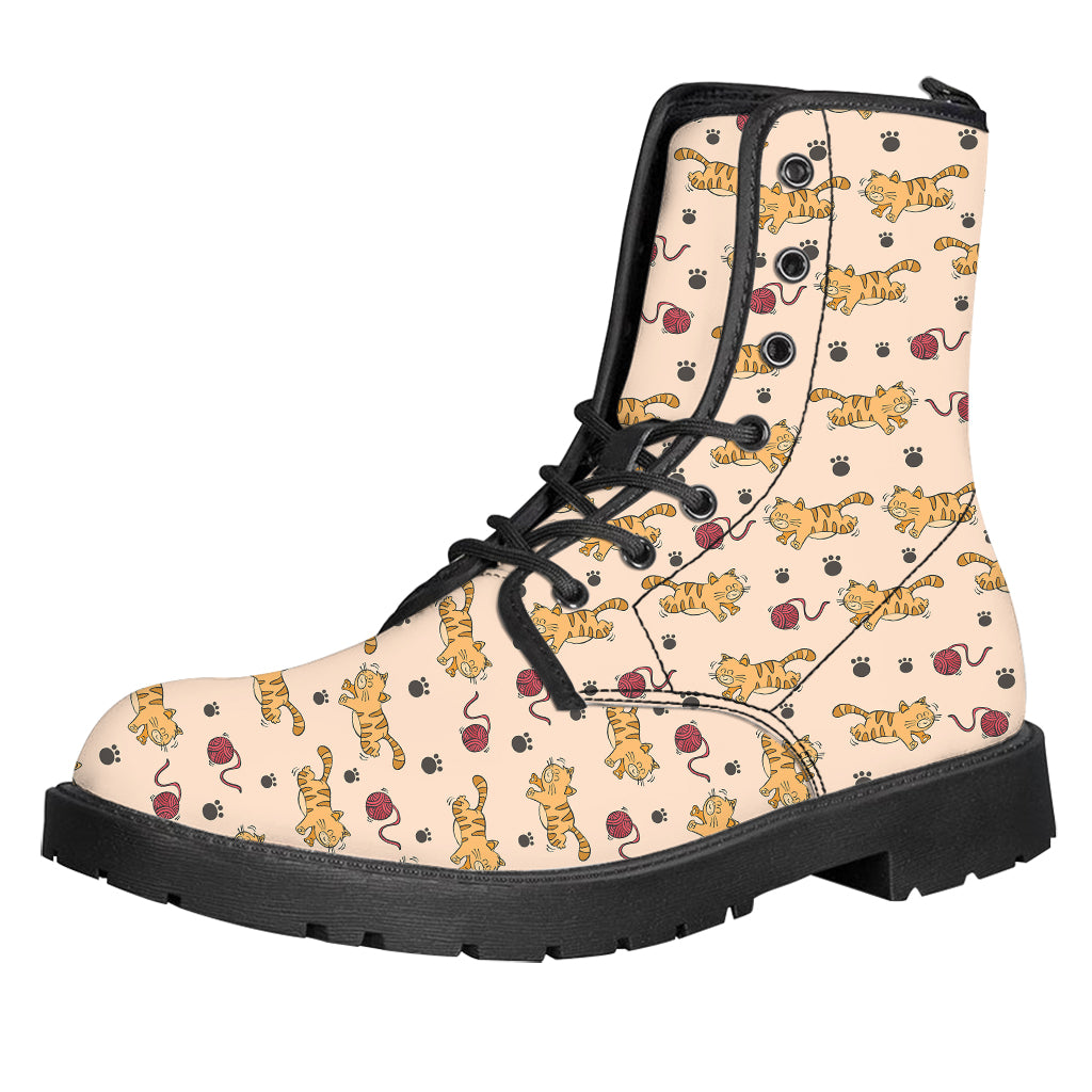 Cat And Yarn Ball Pattern Print Leather Boots