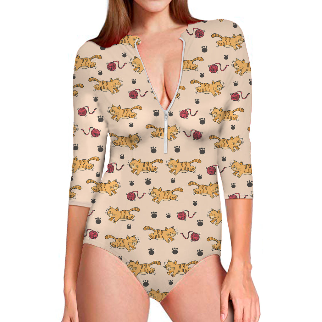 Cat And Yarn Ball Pattern Print Long Sleeve One Piece Swimsuit