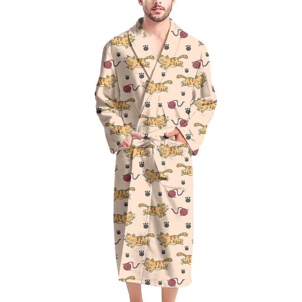 Cat And Yarn Ball Pattern Print Men's Bathrobe