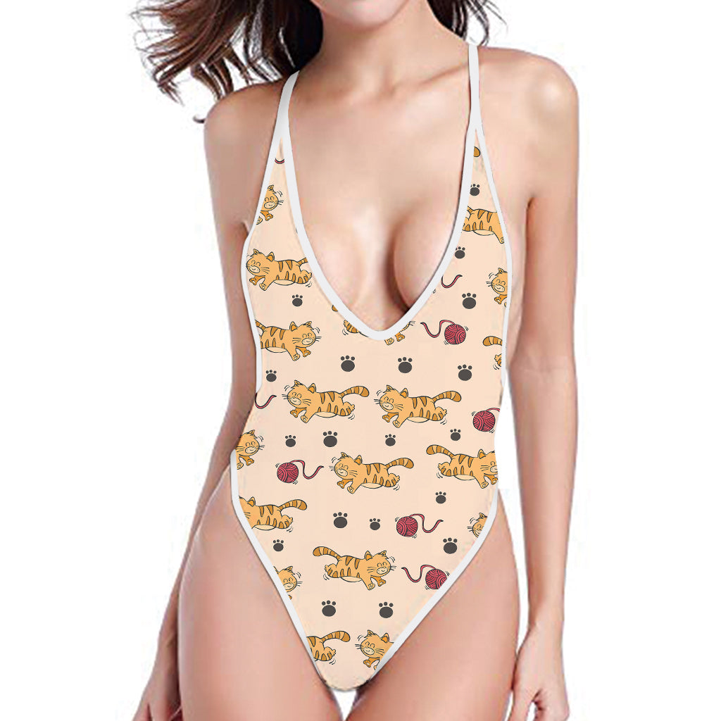 Cat And Yarn Ball Pattern Print One Piece High Cut Swimsuit