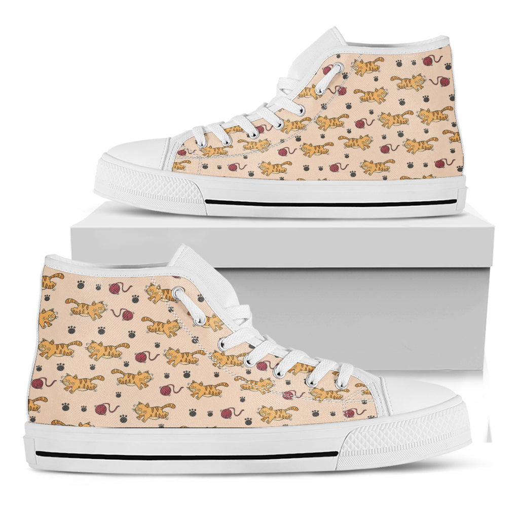 Cat And Yarn Ball Pattern Print White High Top Shoes