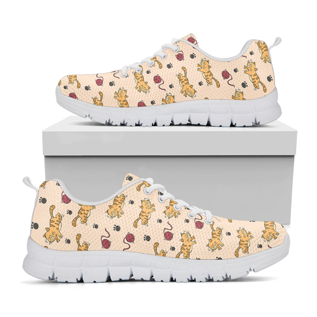 Cat And Yarn Ball Pattern Print White Sneakers