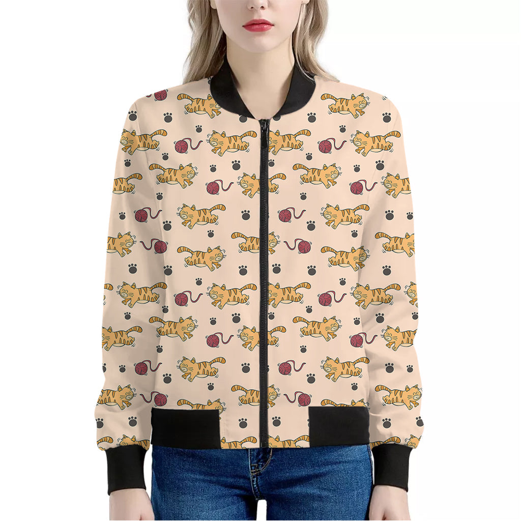 Cat And Yarn Ball Pattern Print Women's Bomber Jacket