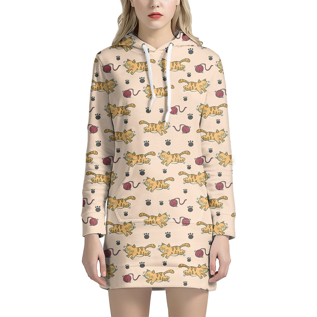 Cat And Yarn Ball Pattern Print Women's Pullover Hoodie Dress