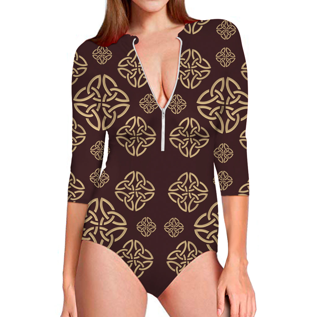 Celtic Knot Symbol Pattern Print Long Sleeve One Piece Swimsuit