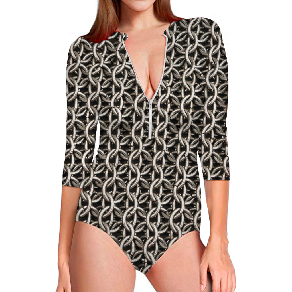 Chainmail Ring Print Long Sleeve One Piece Swimsuit