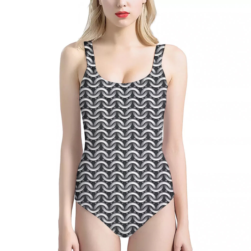 Chainmail Texture Print One Piece Halter Neck Swimsuit