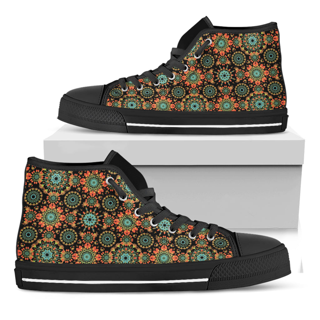 Chaotic Boho Floral Pattern Print Black High Top Shoes