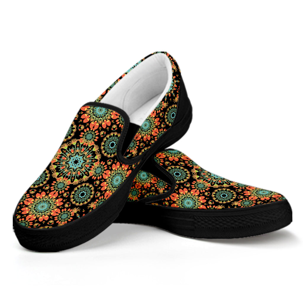 Chaotic Boho Floral Pattern Print Black Slip On Shoes