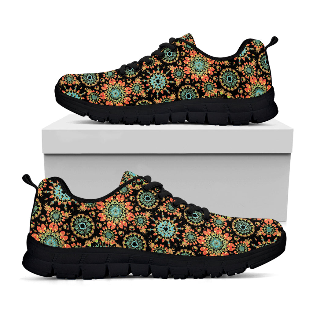 Chaotic Boho Floral Pattern Print Black Sneakers