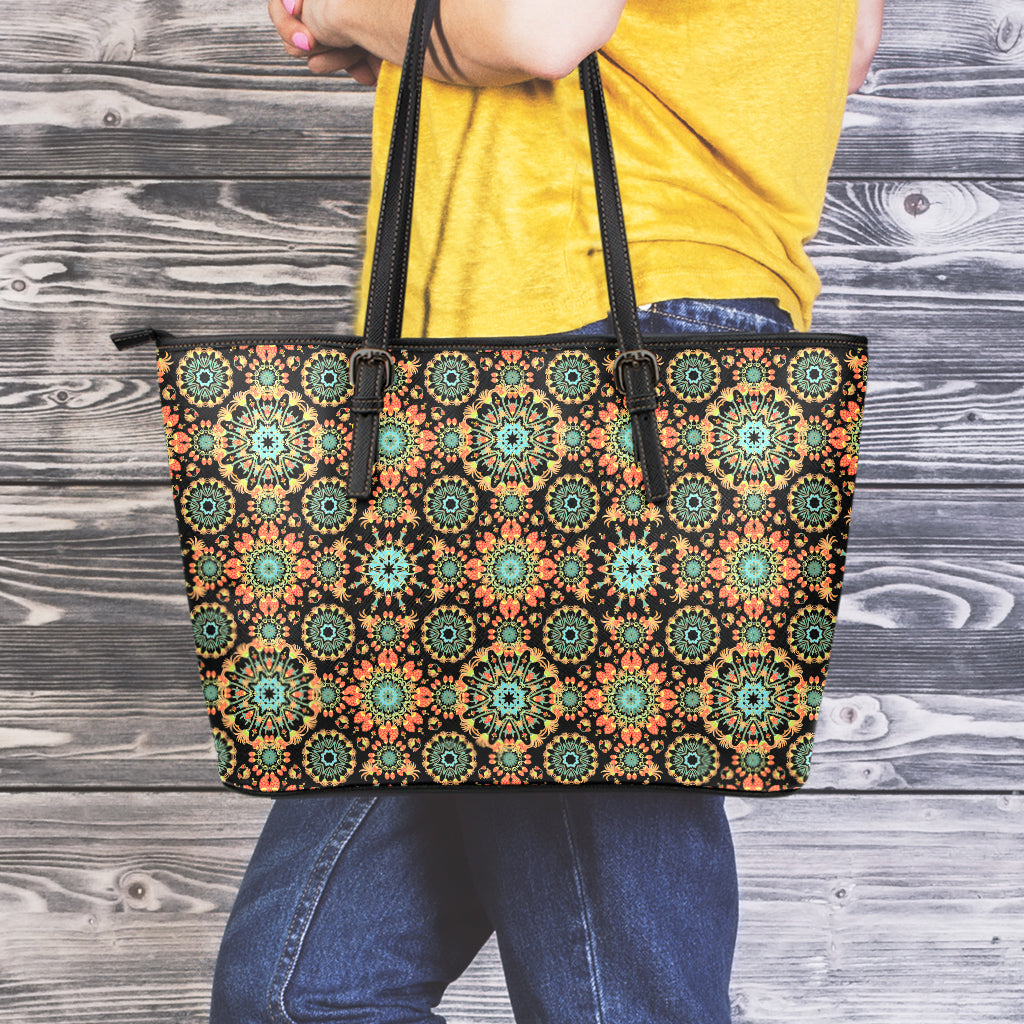 Chaotic Boho Floral Pattern Print Leather Tote Bag