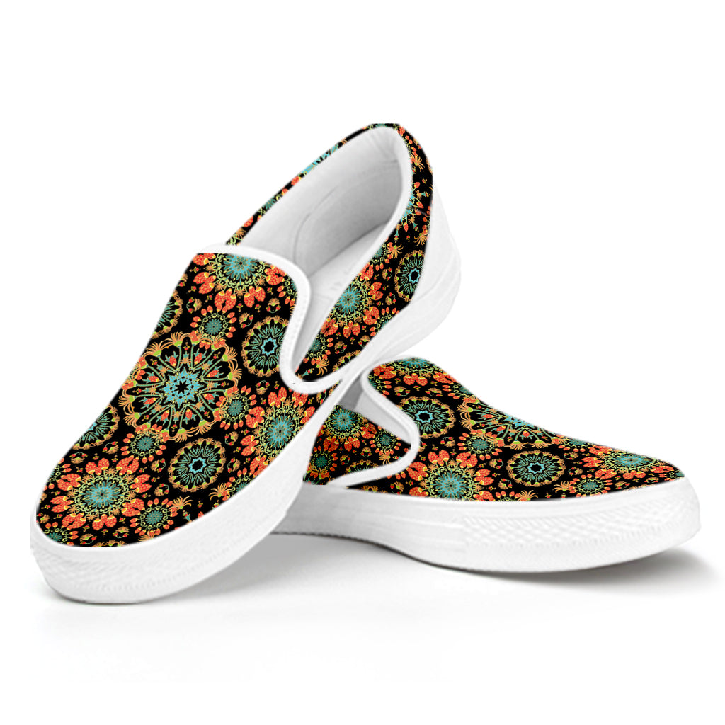 Chaotic Boho Floral Pattern Print White Slip On Shoes