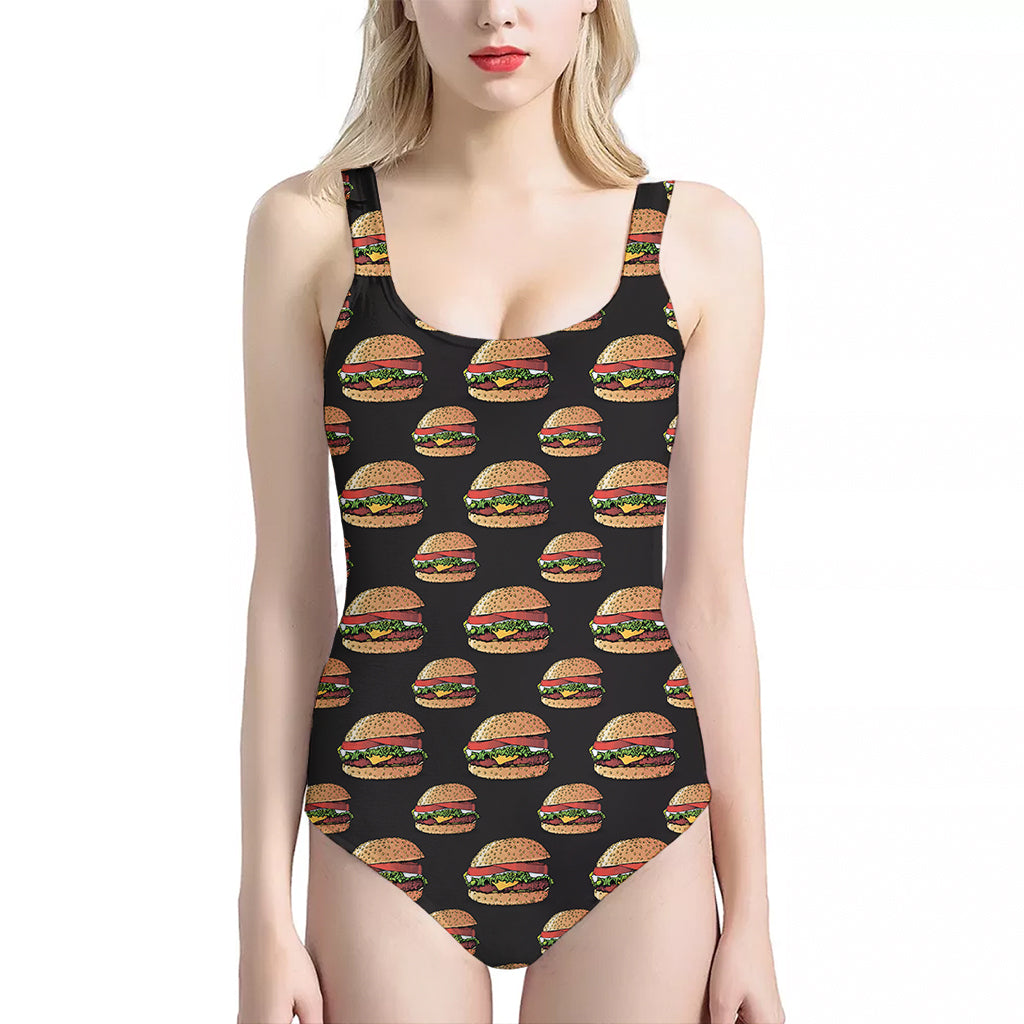 Cheeseburger Pattern Print One Piece Halter Neck Swimsuit