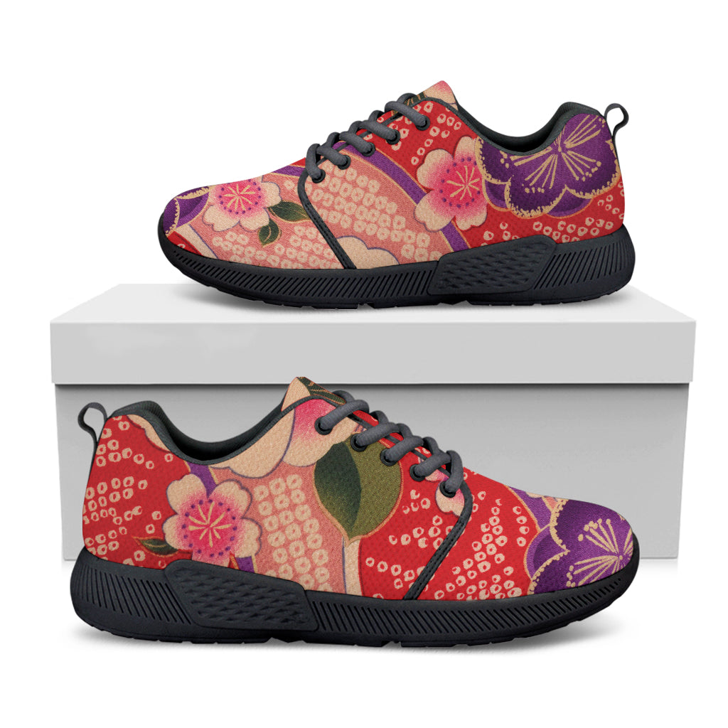 Cherry Blossom Kimono Pattern Print Black Athletic Shoes