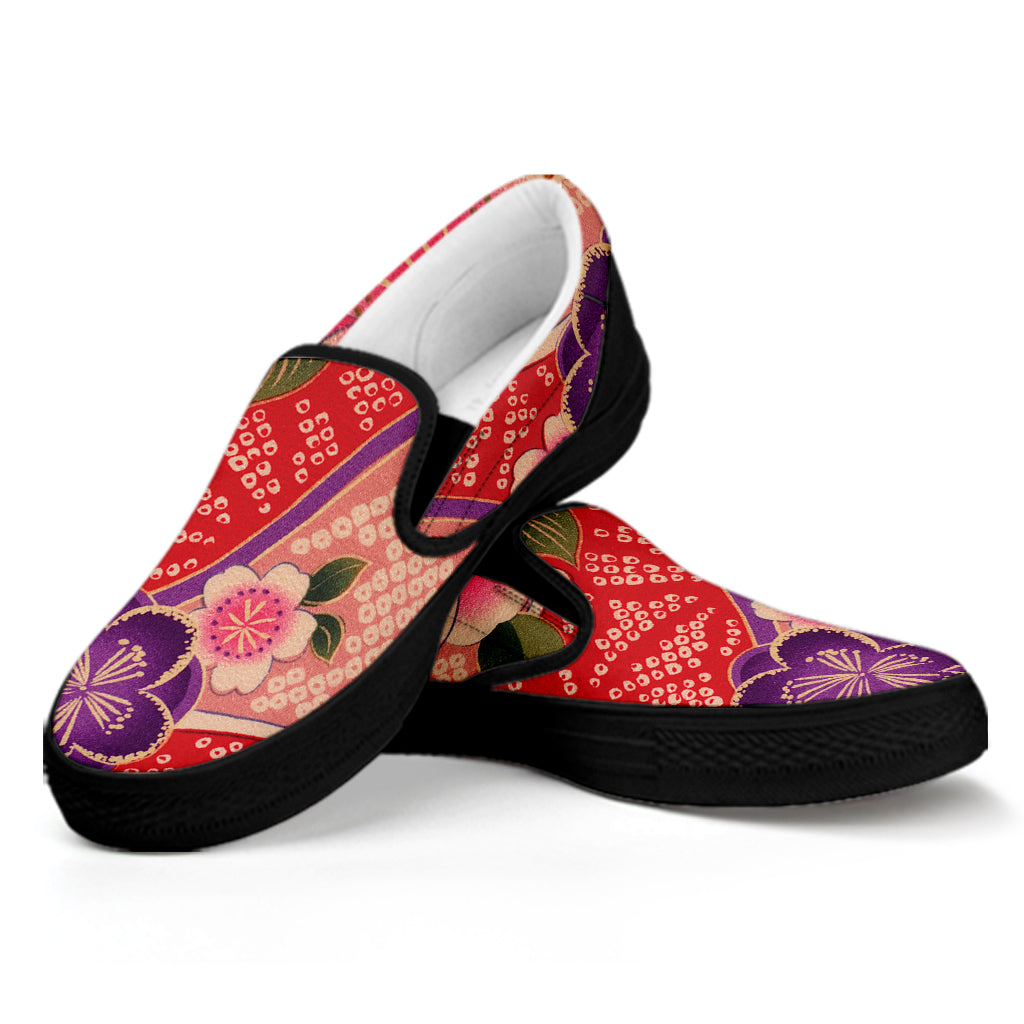Cherry Blossom Kimono Pattern Print Black Slip On Shoes