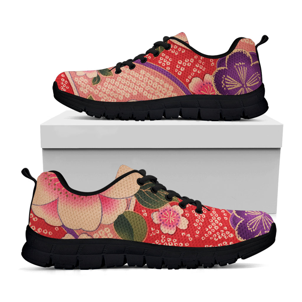 Cherry Blossom Kimono Pattern Print Black Sneakers