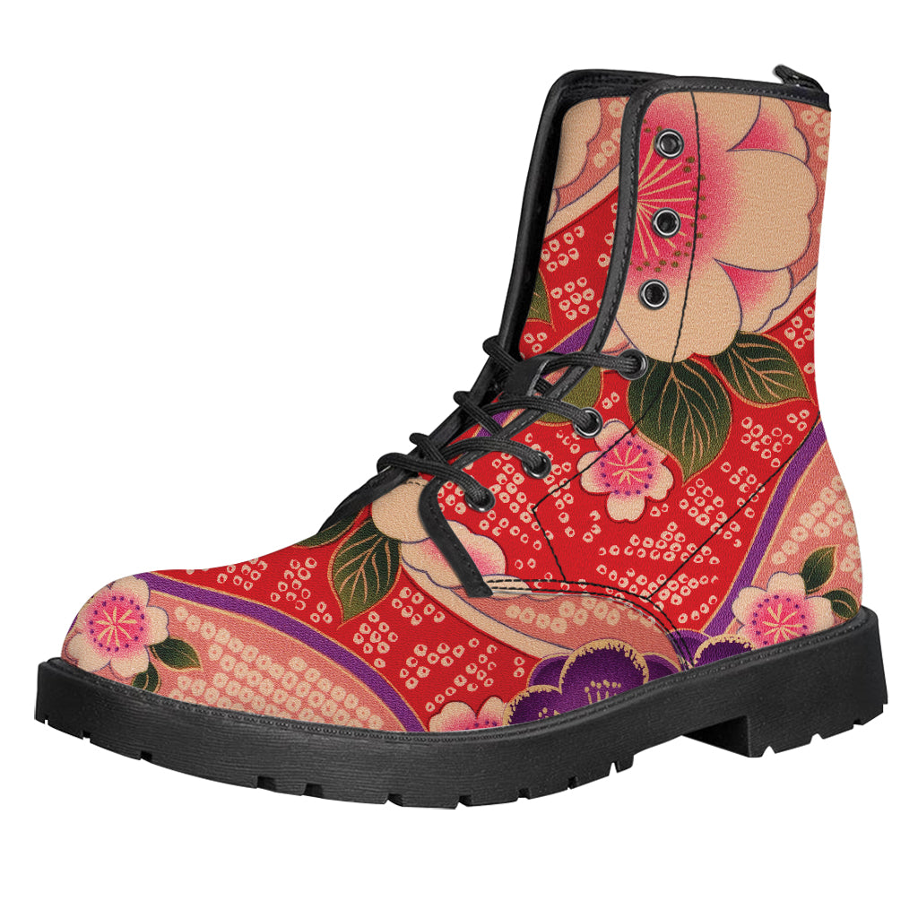 Cherry Blossom Kimono Pattern Print Leather Boots