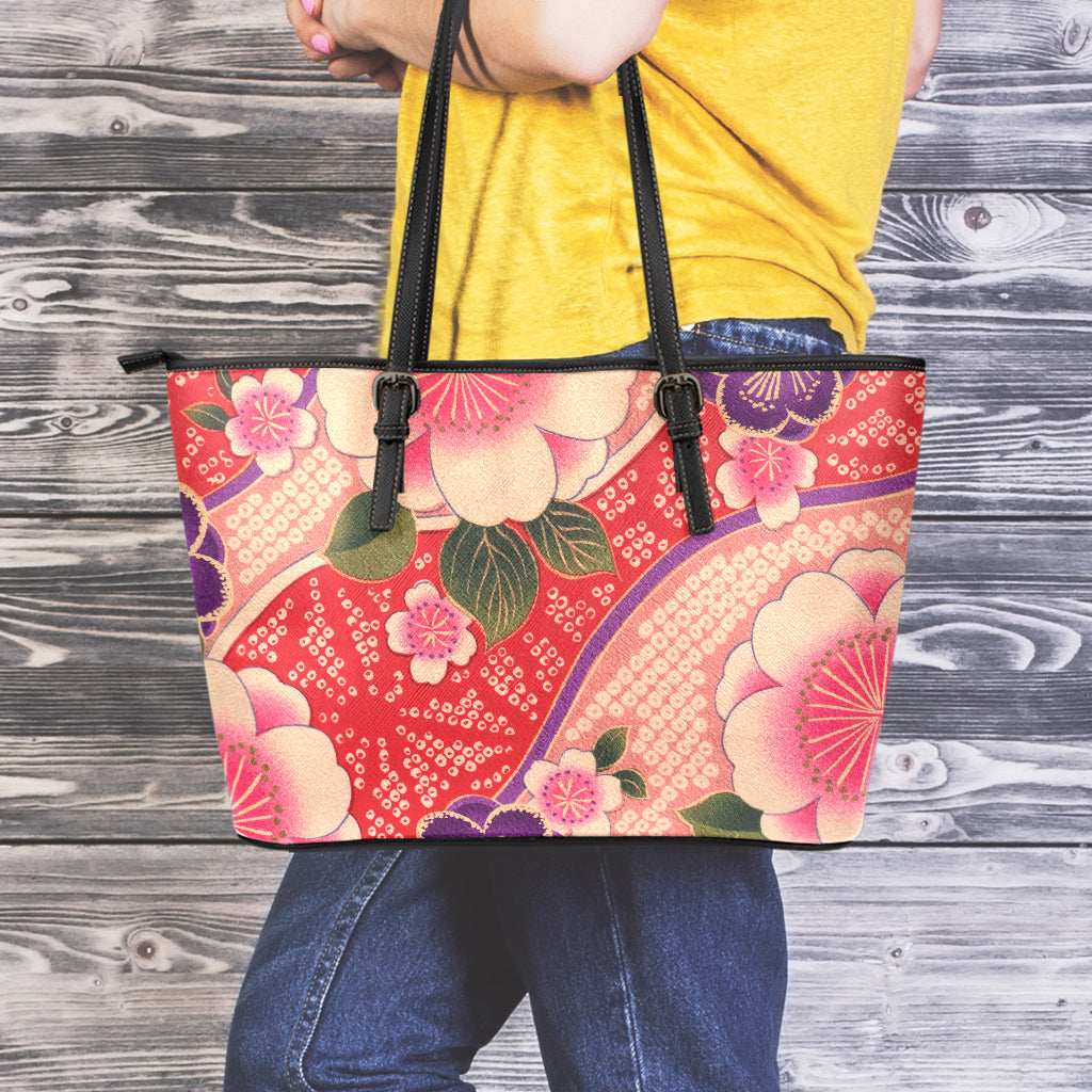 Cherry Blossom Kimono Pattern Print Leather Tote Bag