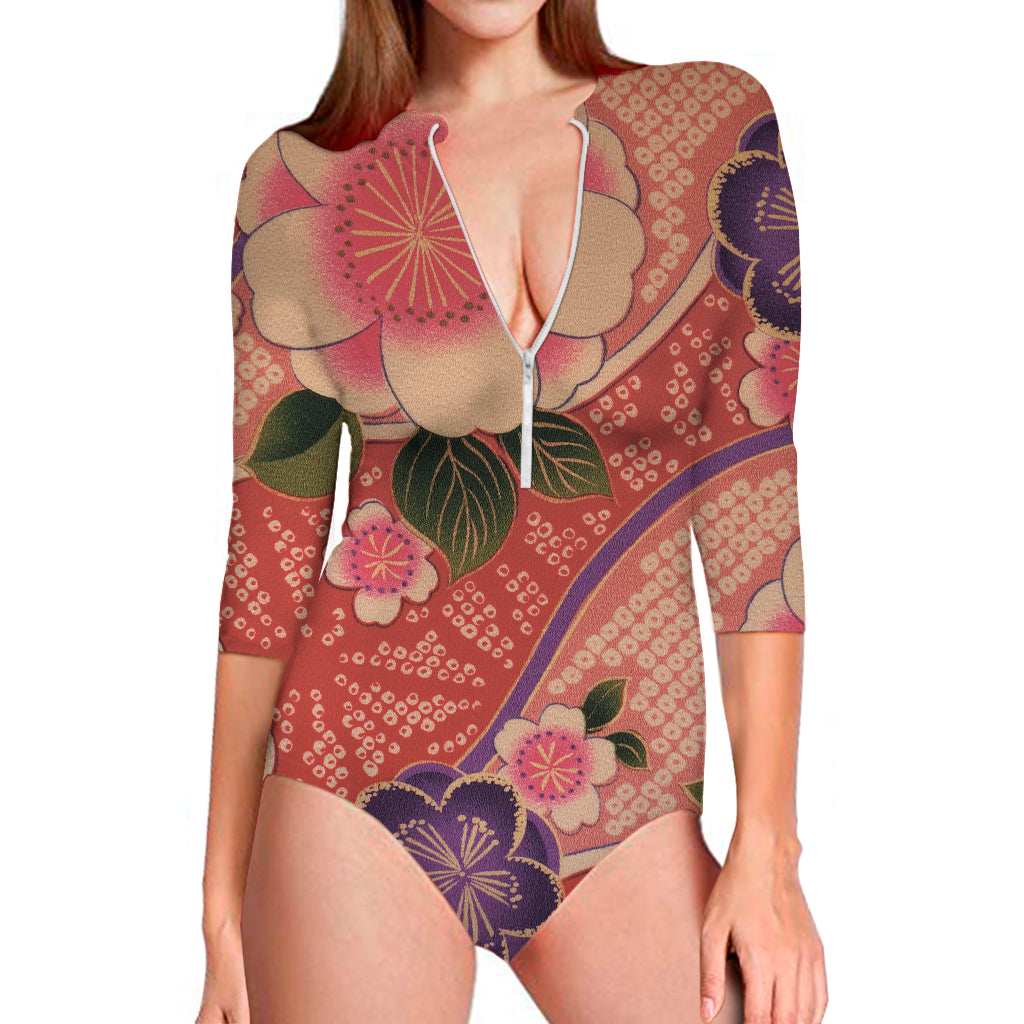 Cherry Blossom Kimono Pattern Print Long Sleeve One Piece Swimsuit