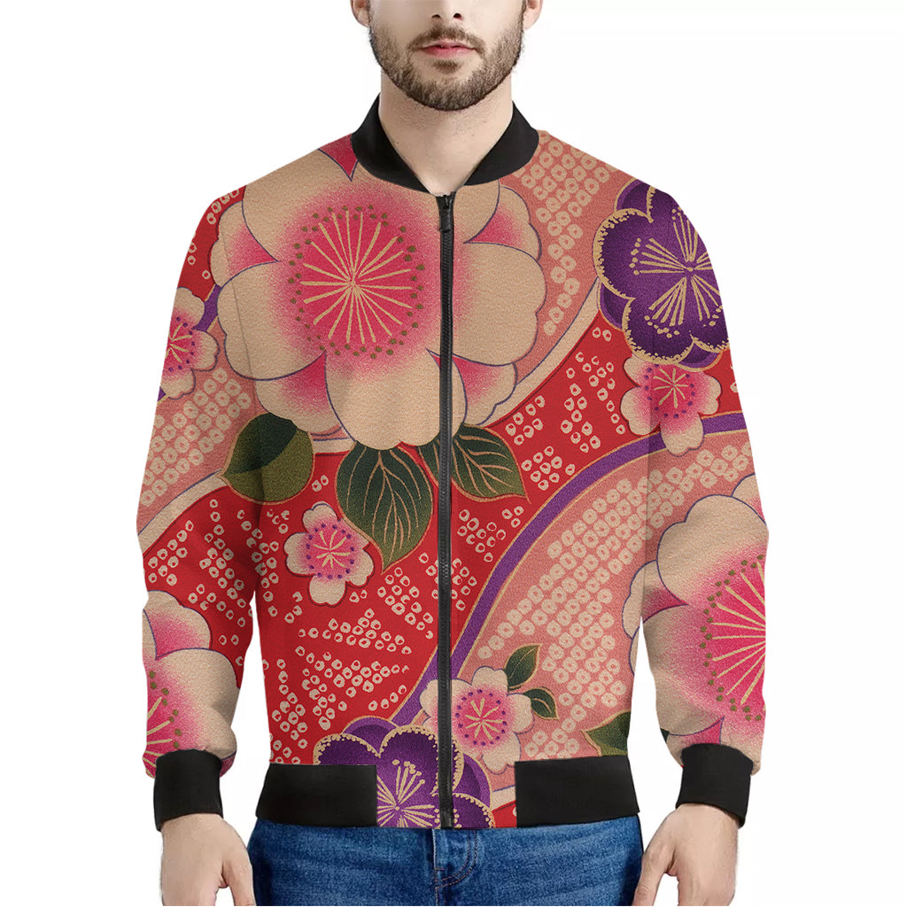 Cherry Blossom Kimono Pattern Print Men's Bomber Jacket