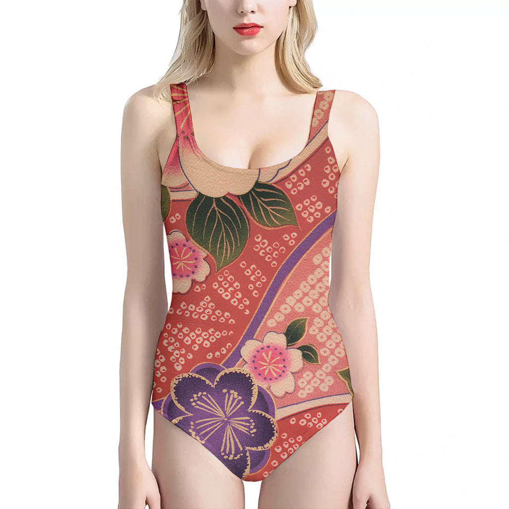 Cherry Blossom Kimono Pattern Print One Piece Halter Neck Swimsuit