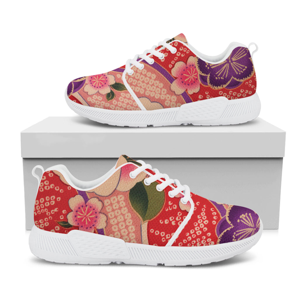 Cherry Blossom Kimono Pattern Print White Athletic Shoes