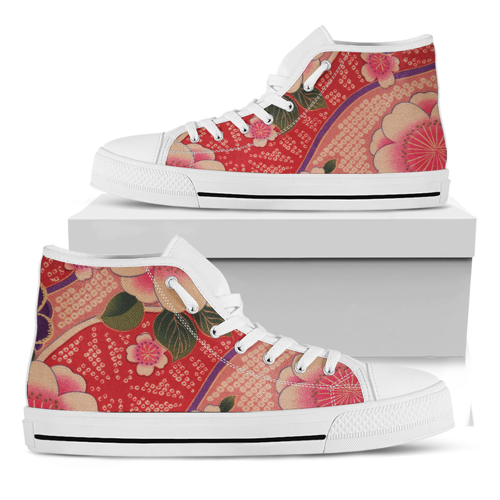 Cherry Blossom Kimono Pattern Print White High Top Shoes