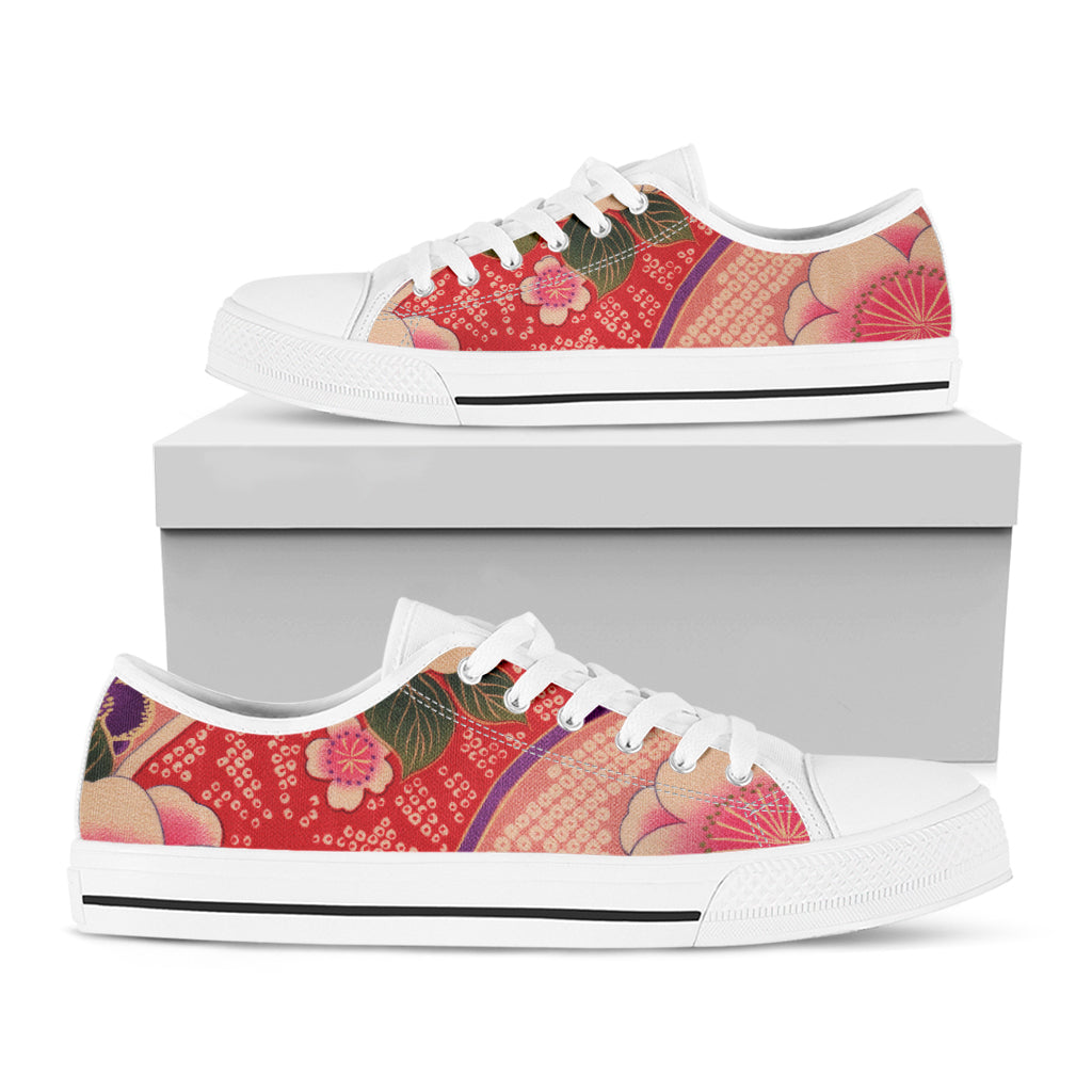 Cherry Blossom Kimono Pattern Print White Low Top Shoes