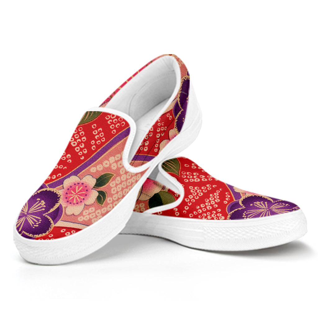 Cherry Blossom Kimono Pattern Print White Slip On Shoes