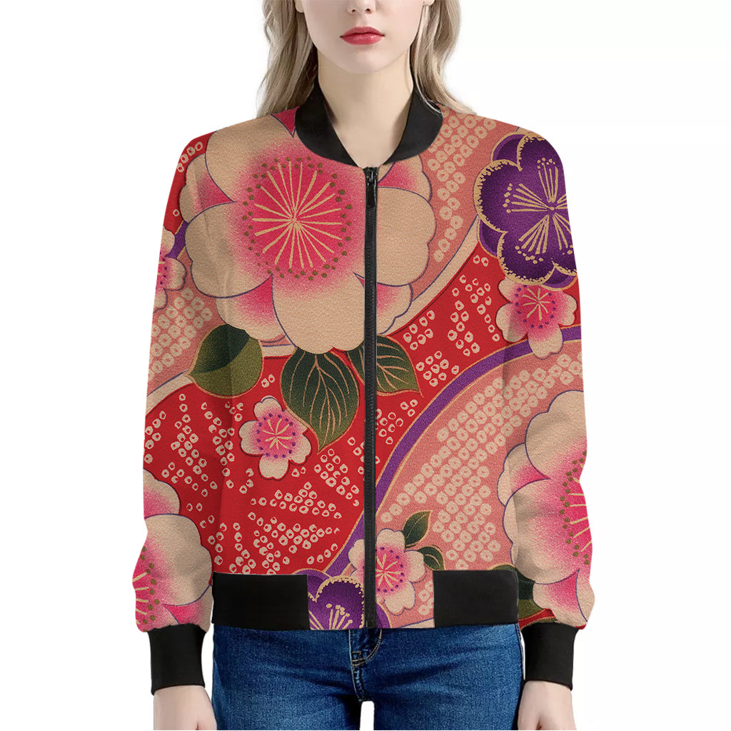 Cherry Blossom Kimono Pattern Print Women's Bomber Jacket