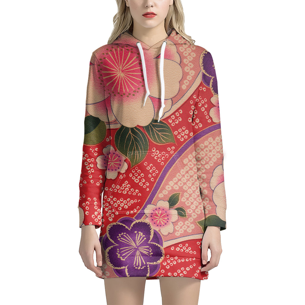 Cherry Blossom Kimono Pattern Print Women's Pullover Hoodie Dress