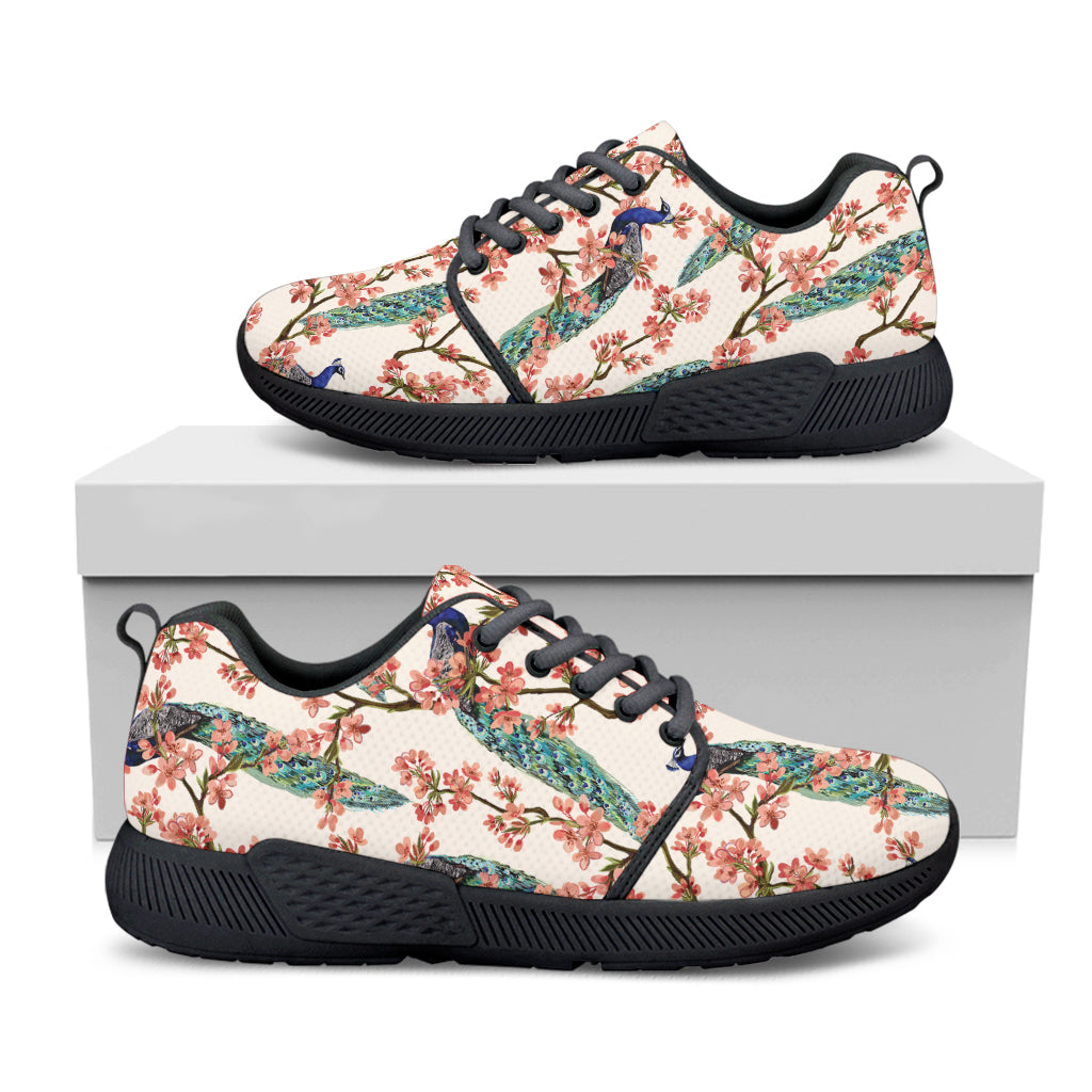 Cherry Blossom Peacock Print Black Athletic Shoes