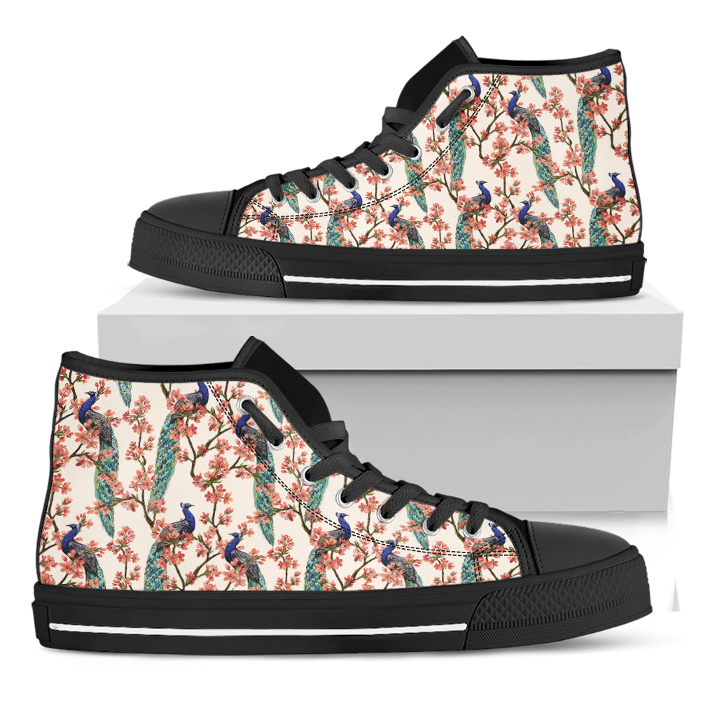 Cherry Blossom Peacock Print Black High Top Shoes