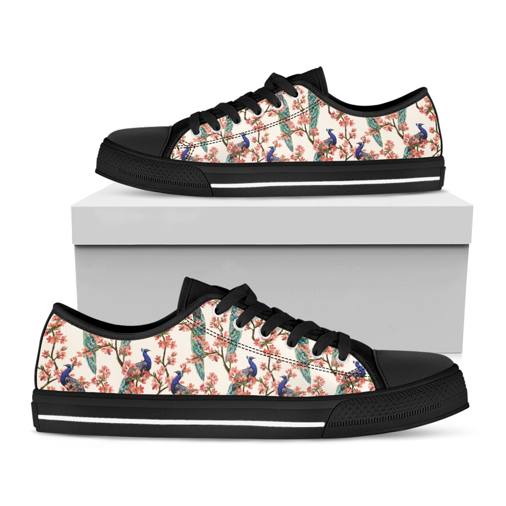 Cherry Blossom Peacock Print Black Low Top Shoes