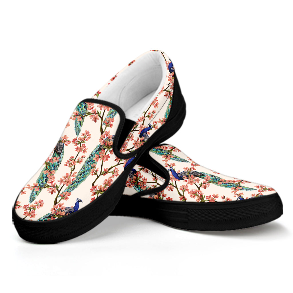 Cherry Blossom Peacock Print Black Slip On Shoes