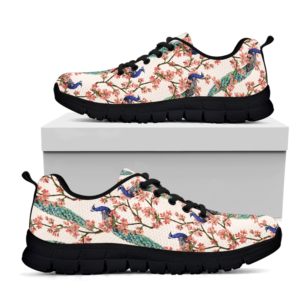 Cherry Blossom Peacock Print Black Sneakers