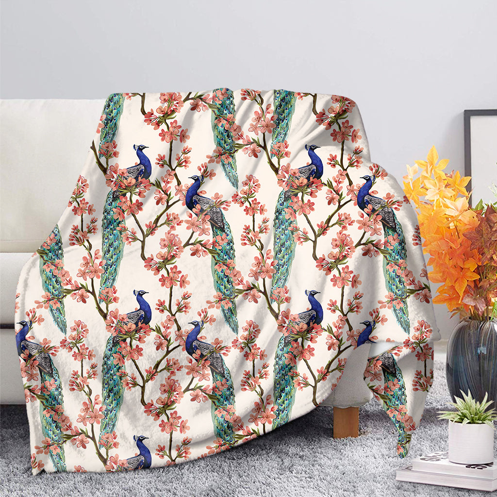 Cherry Blossom Peacock Print Blanket