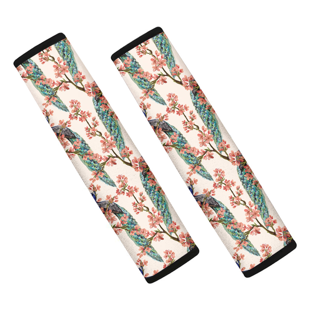 Cherry Blossom Peacock Print Car Seat Belt Covers