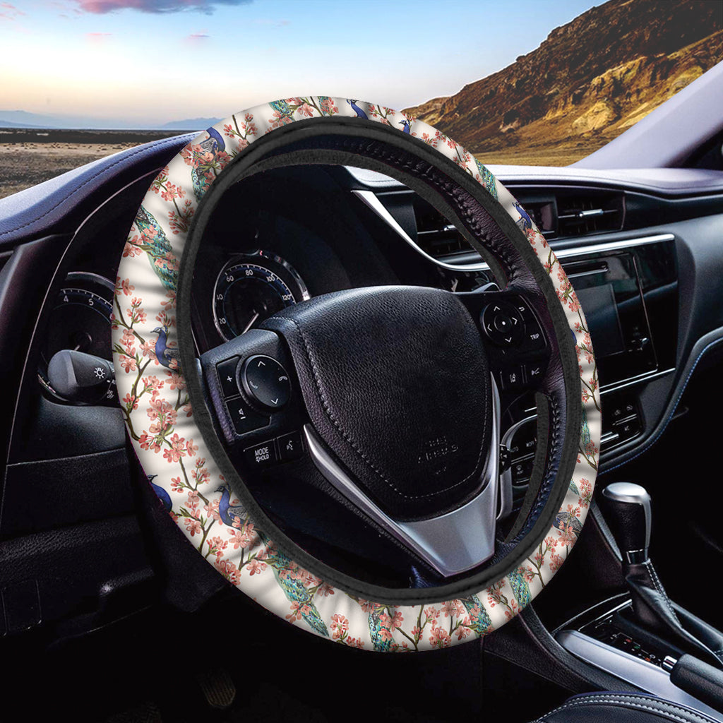 Cherry Blossom Peacock Print Car Steering Wheel Cover