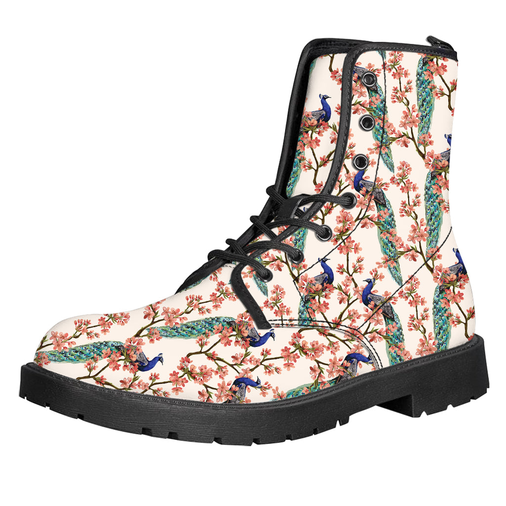 Cherry Blossom Peacock Print Leather Boots