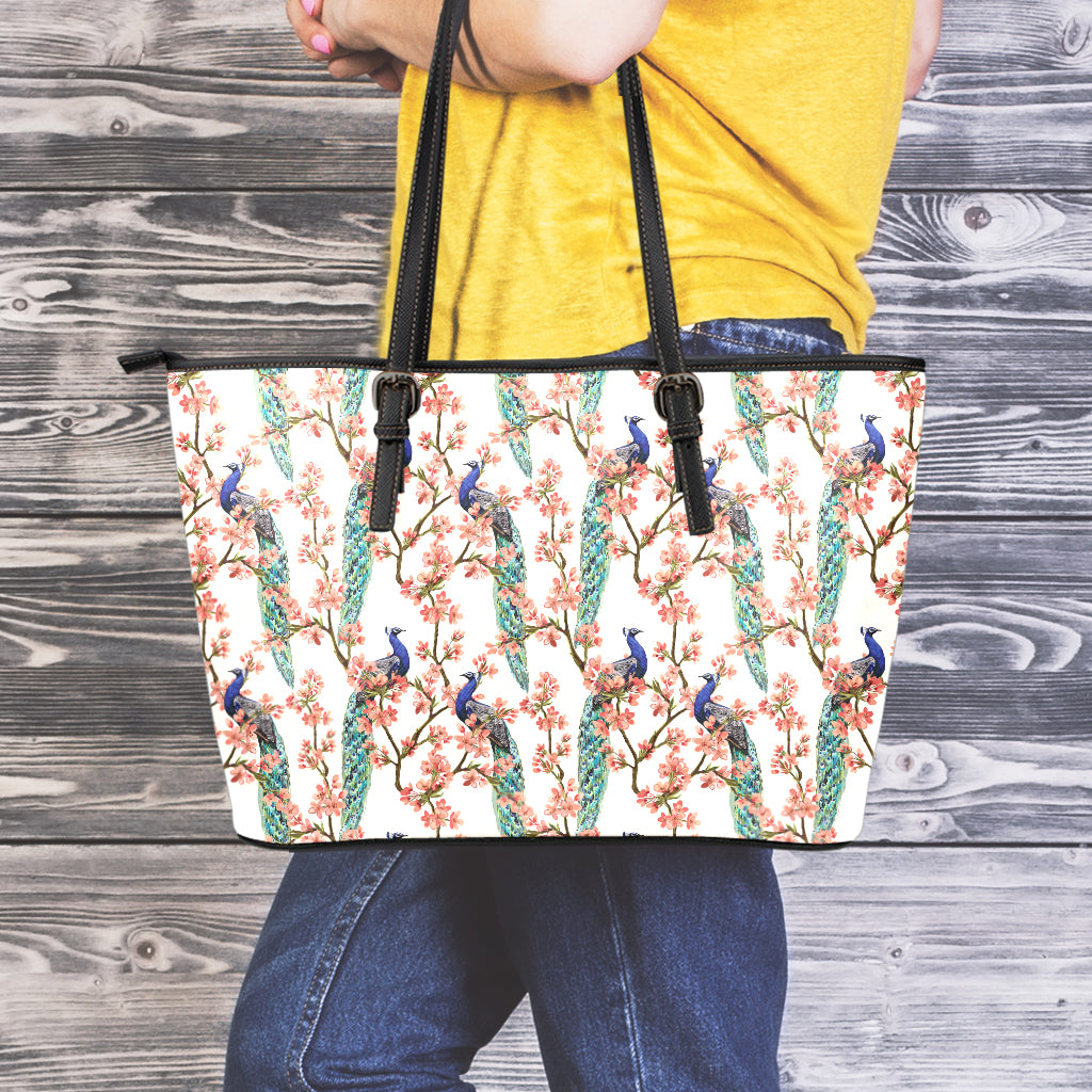 Cherry Blossom Peacock Print Leather Tote Bag