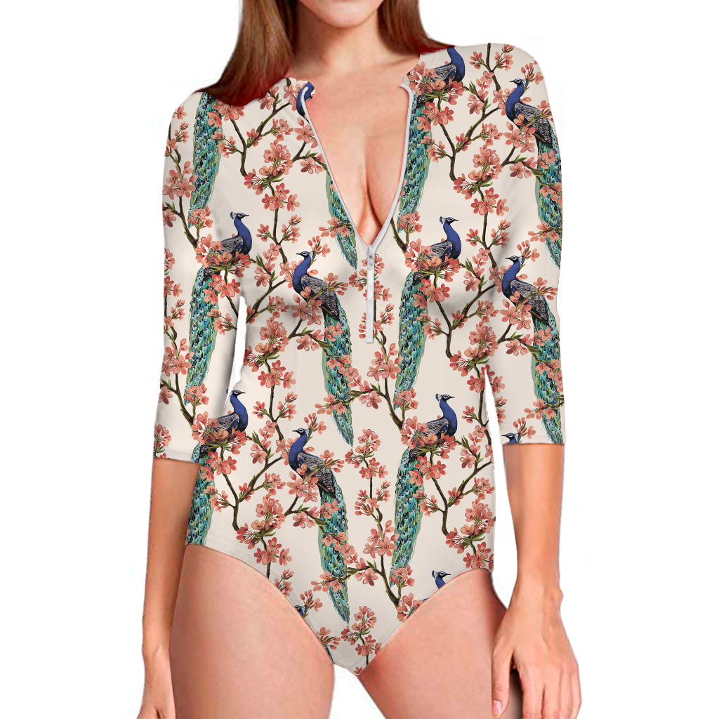 Cherry Blossom Peacock Print Long Sleeve One Piece Swimsuit