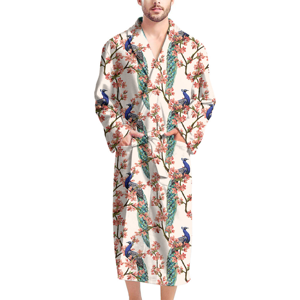 Cherry Blossom Peacock Print Men's Bathrobe