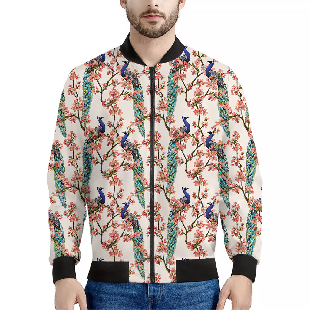 Cherry Blossom Peacock Print Men's Bomber Jacket