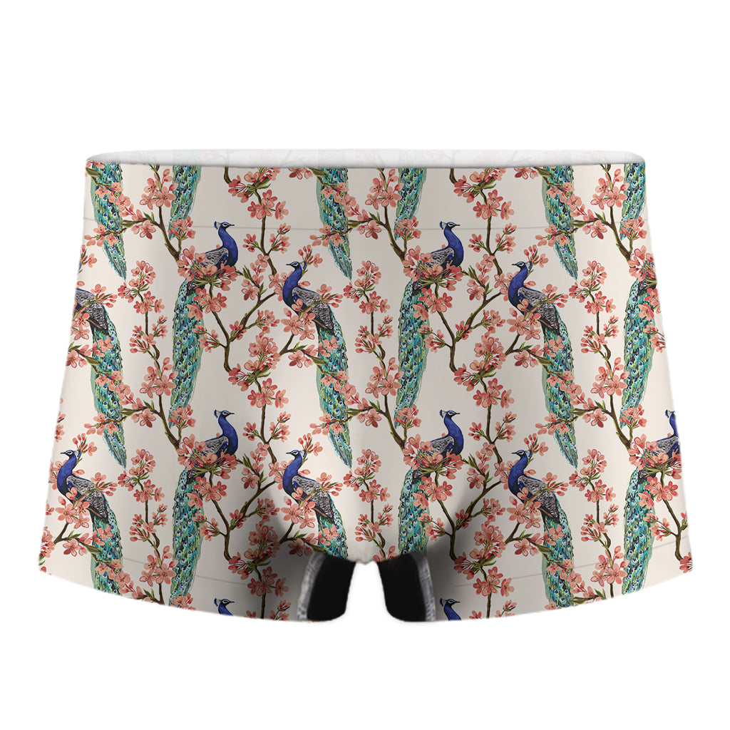 Cherry Blossom Peacock Print Men's Boxer Briefs