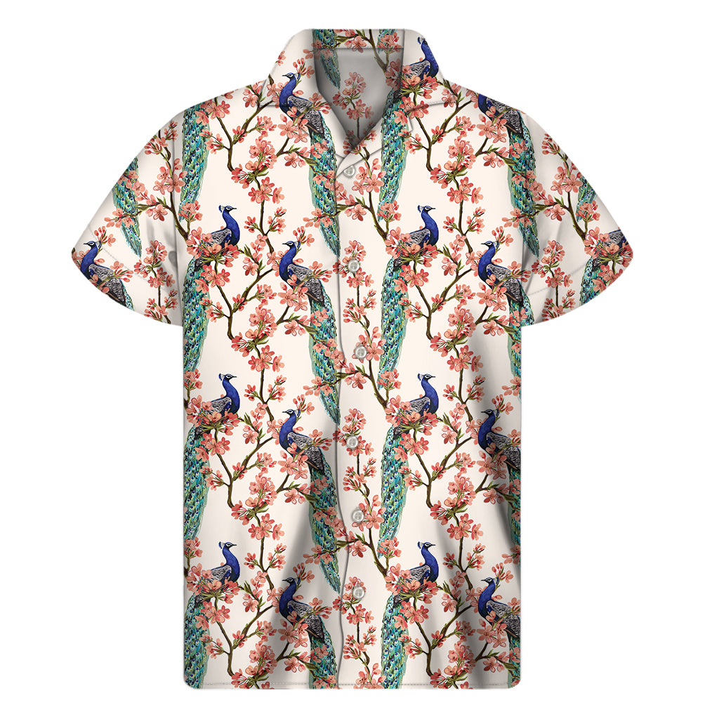 Cherry Blossom Peacock Print Men's Short Sleeve Shirt